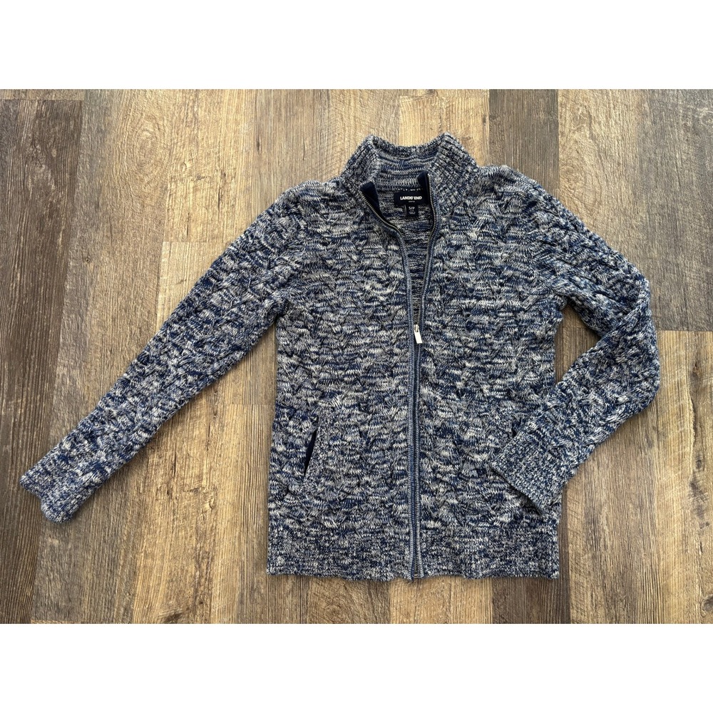 Lands End Drifter Full Zip Sweater Blue White Marled Cotton Cable Knit Womens S - Picture 1 of 6